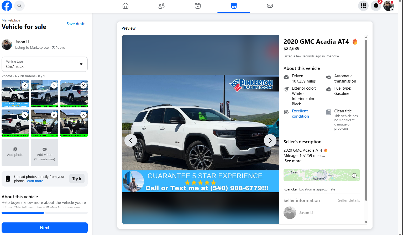 AutoLister Pro posting a 2020 GMC Acadia AT4 listing on Facebook Marketplace